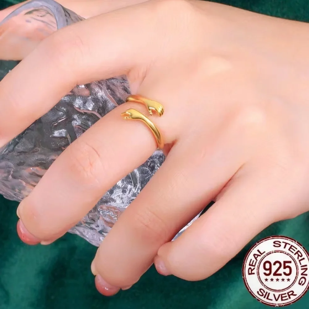 925 Sterling Silver Embrace Adjustable Gold Hug Hands Ring